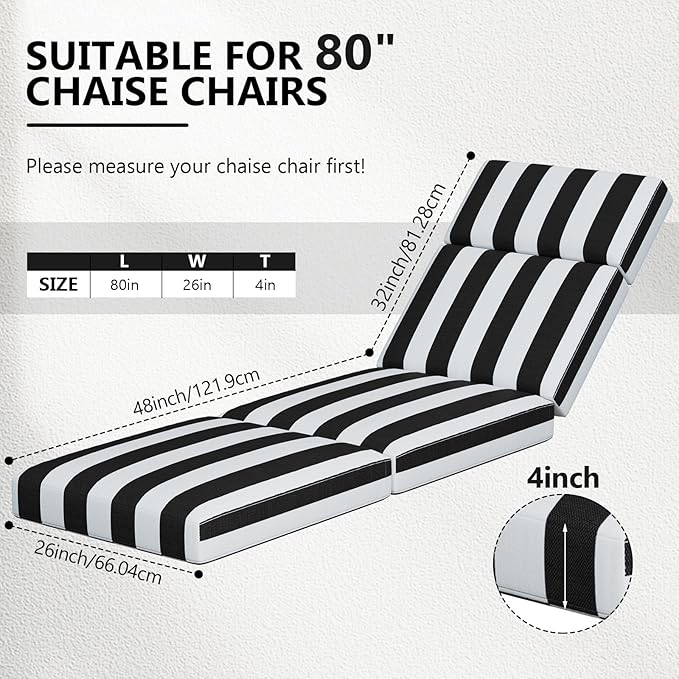 Chaise Lounge Cushions Outdoor, 80 x 26 x 4 Inch Lounge Chair Cushions for Outdoor Furniture - Waterproof Lounge Patio Replacement Cushion, 4In Fade-Resistant ThickPatio Chaise Lounge Cushion