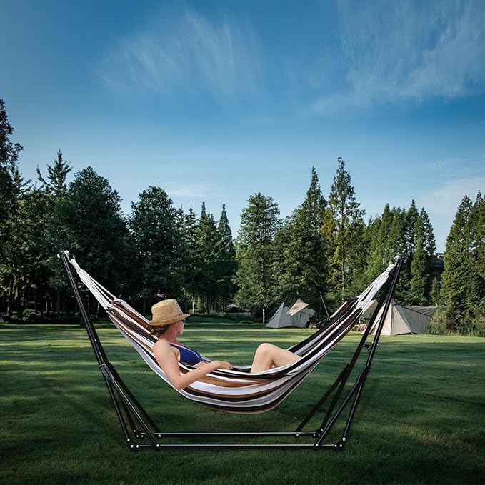 Hammock with Foldable Steel Stand,Frabic Tension Adjustable,Carrying Bag Included, 616 lbs Weight Capacity, Portable Suitable for Outside Garden Yard Outdoor Inhouse Yellow