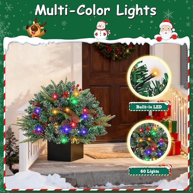 JOYHALO 2 Pack Set 21Inch Christmas Urn Filler with 50 Lights Remote Controlled in Multicolor, Christmas Pot Fillers with PVC&PE Branches, Outdoor Christmas Trees for Porch Pathway Yard Decorations