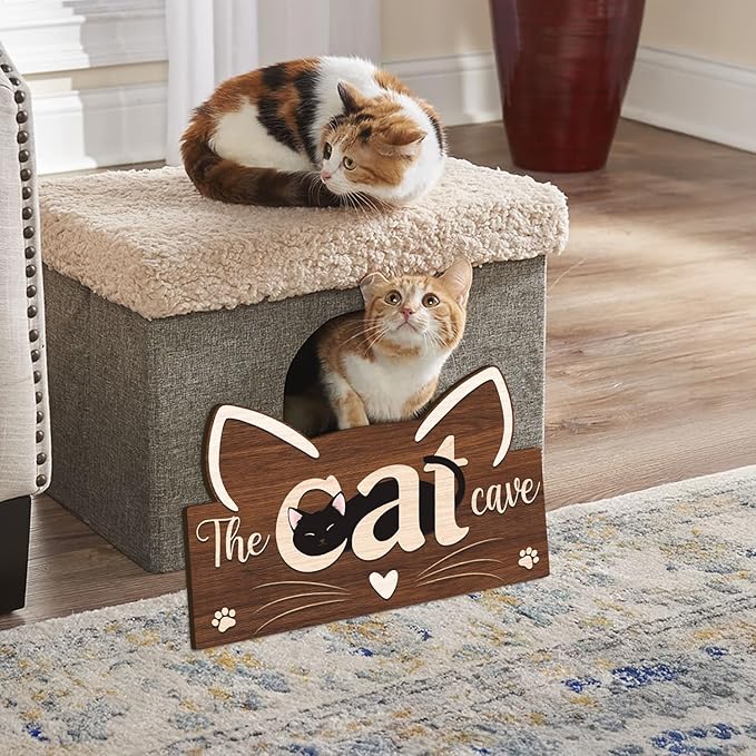 HLNIUC Funny Black Cat Door Sign(11”x7”),Cute Pat Welcome Wall Decor,The Cat Cave Hanging Decoration for Front Door,Housewarming Gift Wall Sign for Pat Lovers,Cats Welcome People Tolerated Plaque