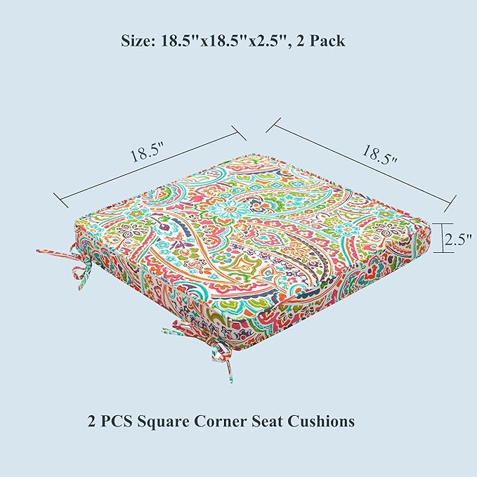 FUNHOME Water-Repellent Outdoor Wicker Chair Cushions for Patio Furniture, 18 x 18 x 2.5 Inch Outdoor Chair Pads with Ties, Square Corner Patio Chair Cushions 2 Packs, Colorful Paisley