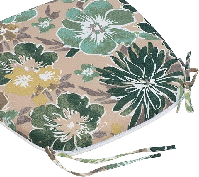 Magpie Fabrics 17"x16"x2" U-Shape Chair Cushions with Ties 2 Count, Outdoor Indoor Waterproof All Weather Seat Pads Decoration for Patio Garden Dining Office - Green Floral