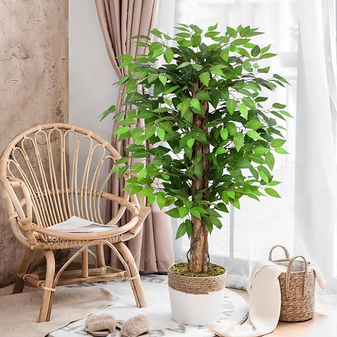 4ft Ficus Artificial Trees with Natural Curved Trunks, 48" Tall Lush Faux Tree for Home Decor Indoor, Green Lifelike Fake Ficus Tree Artificial Plants