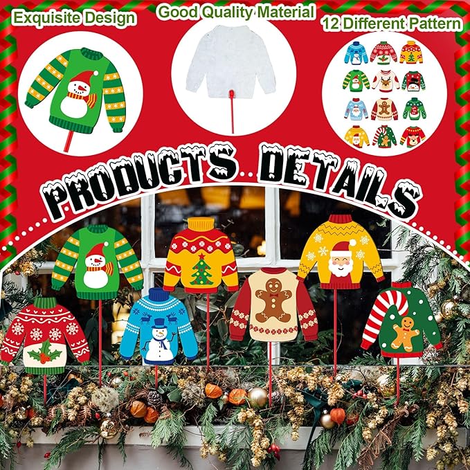 Zonon 12pcs Winter Garden Decorations Winter Snowflake Metal Planter Stakes for Patio Lawn Planter Pot Xmas Nutcracker Gingerbread Yard Stake Signs Outdoor Lawn Decor Party Favor(Ugly Sweater)