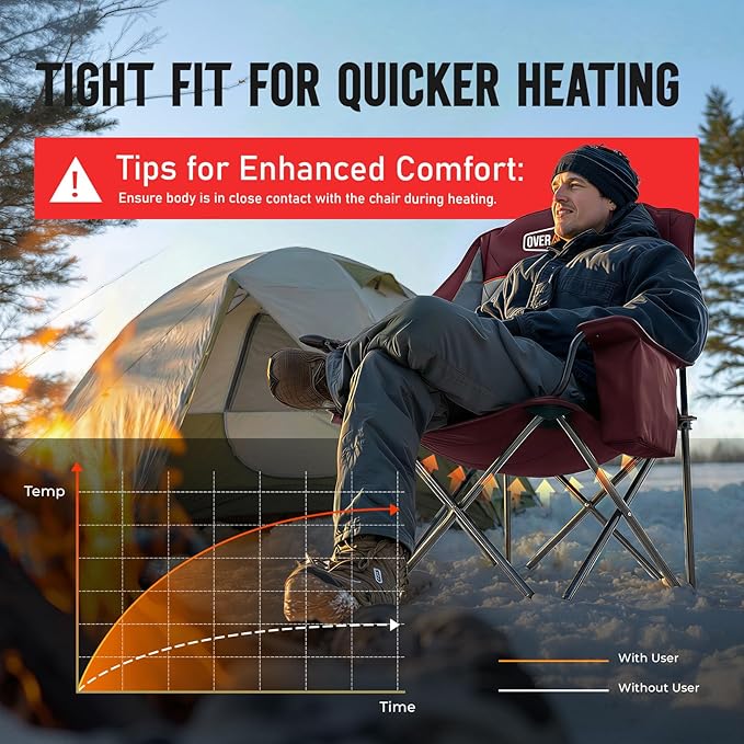 Overmont Heated Oversized Camping Chair for Adults - 3 Heat Levels Seat & Back Separately Control - 400lbs Support Heavy Duty Padded Folding Chair Outdoor Garden Portable - Battery NOT Included