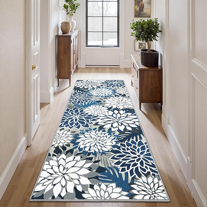 2x6 Washable Runner Rug for Hallway Tropical Botanical Modern Floral Chenille Kitchen Rugs Low Pile Non Slip Carpet for Patio, Bedroom, Laundry, Blue
