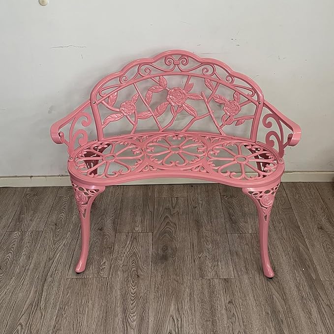 Cast Aluminium Outdoor Bench, Rose Garden Bench for Patio,Park,Lawn,Yard (Pink)