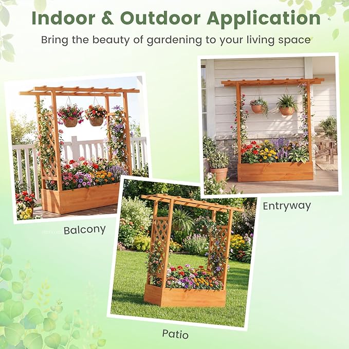 Raised Garden Bed with Trellis, Wood Planter Box w/Trellis, Hanging Roof, Drainage Holes, Freestanding Planter Raised Bed for Outdoor Climbing Plants Flowers, Patio Yard Balcony (2, Orange)