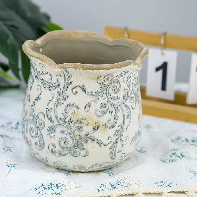 Rustic Ceramic Planter, 6 Inch Tuscan Vintage Flower Pot with Drainage, Farmhouse Garden Pot for Indoor Plants, Kitchen & Garden Tuscan Decor, Plant Lover Gift (Grey)
