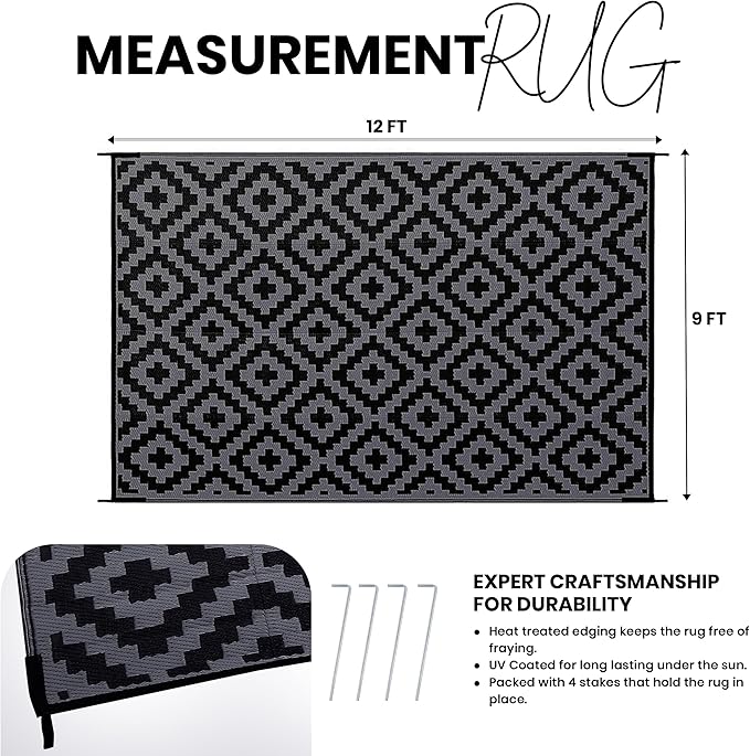 Utopia Home Waterproof Outdoor Rug for Patio 9 x 12 ft, Reversible Plastic Straw Mat for Camping, Picnics, Balcony, Patio, Diamond - Black & Grey