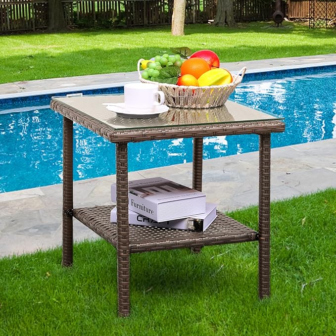 Valita Outdoor Wicker Glass Top Side Table - Garden Metal Square Tea Table with Storage, Brown