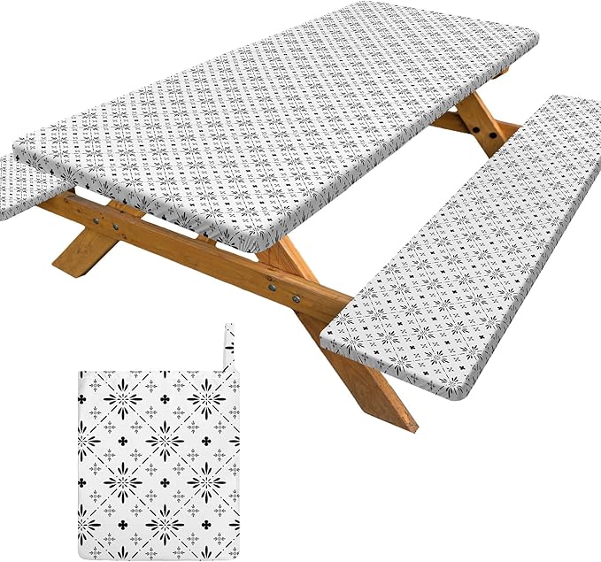 pickyNproud Picnic Table Cover with Bench Covers Portable Table Cloth Built-in Storage Pocket Picnic Table Covers with Elastic Waterproof Camping Essentials for RV Camping
