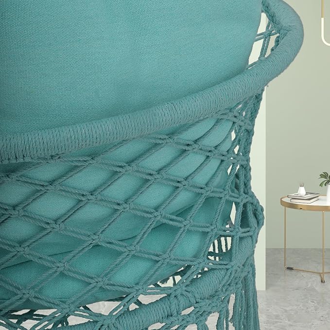 Athena Collection Hammock Swing Chair with Cushion, Outdoor Macrame Chair with Mounting Hardware, Max 350 Lbs, Large Cotton Rope Hanging Chair for Outdoor Indoor Porch Garden, Green
