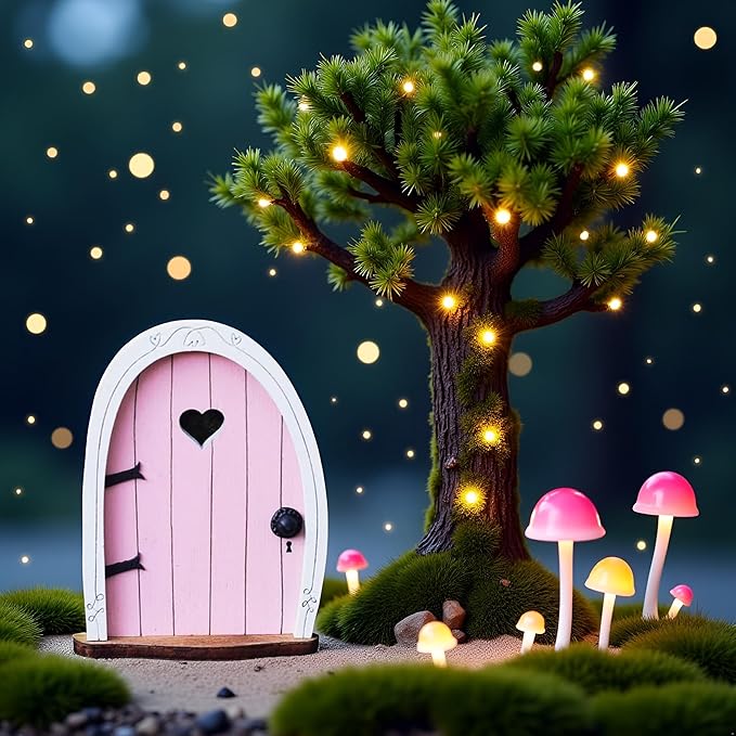 Pink Streak Mini Fairy Garden Door for Tree, 3D Miniature Fairy Door for Fairytale Tiny House Doors, Bonsai Terrarium Micro Landscape Decoration Accessories Garden Miniatures