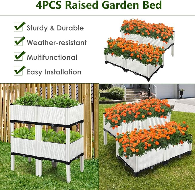Giantex Raised Garden Bed, Set of 4 Planter Raised Beds Kits with Drain Holes for Fruit Flowers Vegetables, Outdoor Elevated Planting Box for Lawn Patio Balcony, Easy Assembly, Rattan-Like Look, White