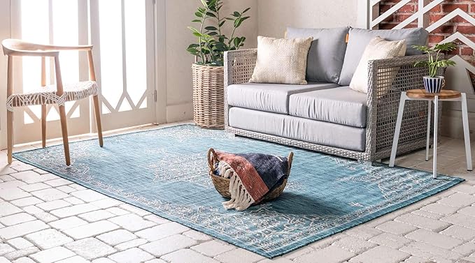 Unique Loom Outdoor Traditional Collection Area Rug - Antique (8' x 11' 4" Rectangle, Teal/ Gray)