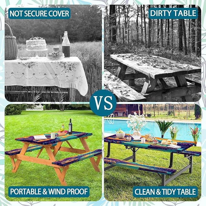 3PCS Picnic Table Cover with Bench Cover Forest Landscape Tent Boat Pattern Camping Tablecloth Fitted Picnic Table Cover with Elastic Windproof Waterproof, Outdoor & Garden Camping Accessories 60IN