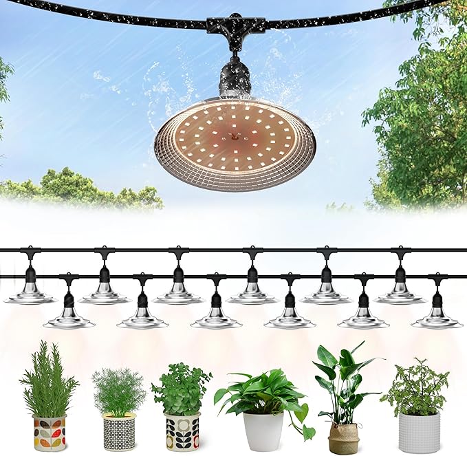 Outdoor LED Grow Light, Waterproof String Plant Growing Light, 41 FT Full Spectrum Growth Light, Suitable for Garden, Farm, Flower, Seedling Greenhouse Grow Light (12 Light)