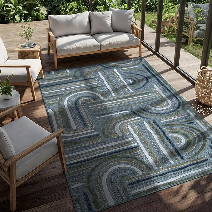 CAMILSON Indoor Outdoor Rug, Aqua 5x7 Geometric Arch Striped Area Rugs for Patio and Home Areas, Easy-Cleaning Non-Shedding Living Room, Garden and Deck Washable Outside Carpet (5 x 7)