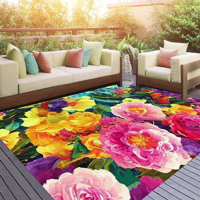 Vibrant Floral Yellow Green Outdoor Rug Modern Contempporary Art Deco Washable Area Rug for Patio Porch Deck Balcony Waterproof Durable Backyard Carpet Cute Garden Large Rugs 6x8