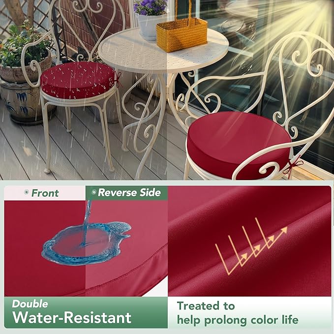 Outdoor Bistro Chair Cushions Set of 2, 15" D x 3" H Round Chair Cushions Waterproof and Fade Resistant Chair Cushion Pads with Non-Slip Ties and Removable Covers for Garden, Burgundy