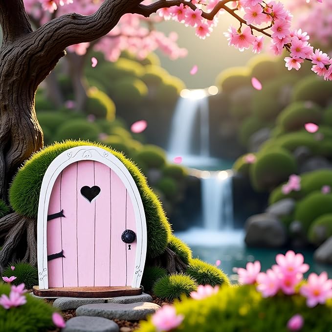 Pink Streak Mini Fairy Garden Door for Tree, 3D Miniature Fairy Door for Fairytale Tiny House Doors, Bonsai Terrarium Micro Landscape Decoration Accessories Garden Miniatures