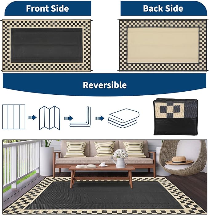 Garvee Outdoor Rug 10x14 Waterproof Fade-Proof Reversible Patio Rug Modern Neutral Outdoor Carpet, Plastic Straw Weather Resistant Large Camping Carpet for Garden Backyard Balcony, Black & Beige