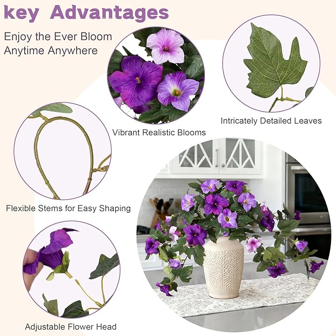 2PCS Artificial Petunia Flowers for Outdoors, Fake Flowers for Outdoor Planters UV Resistant Faux Silk Petunias for Garden Porch Yard Balcony Patio Realistic Home Kitchen Decor(Double Purple)