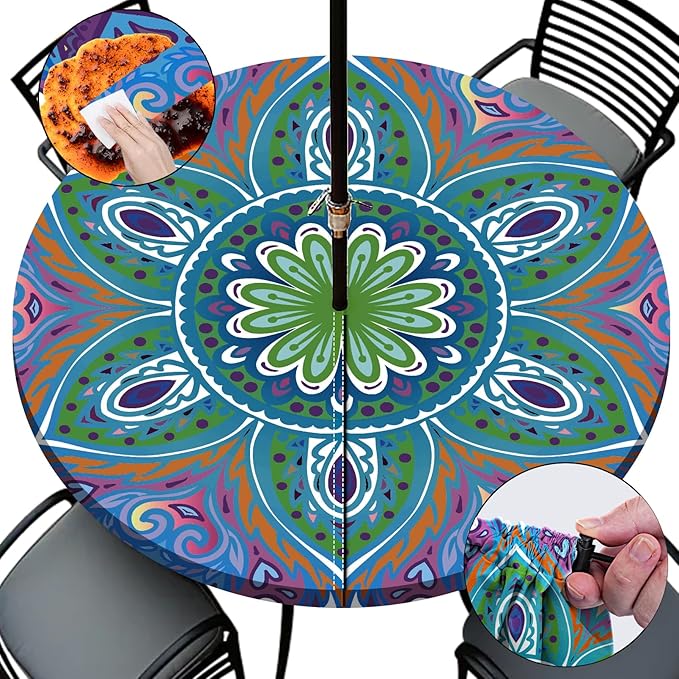 Round Fitted Outdoor Tablecloth with Umbrella Hole and Zipper Vinyl Waterproof Patio Picnic Camping Essentials for 36-44" Tables Summer Garden Rv Accessories Gift for Women Men Couple