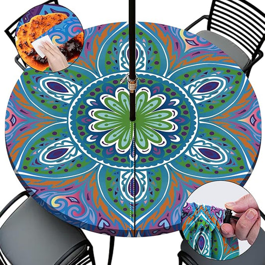 Round Fitted Outdoor Tablecloth with Umbrella Hole and Zipper Vinyl Waterproof Patio Picnic Camping Essentials for 36-44" Tables Summer Garden Rv Accessories Gift for Women Men Couple