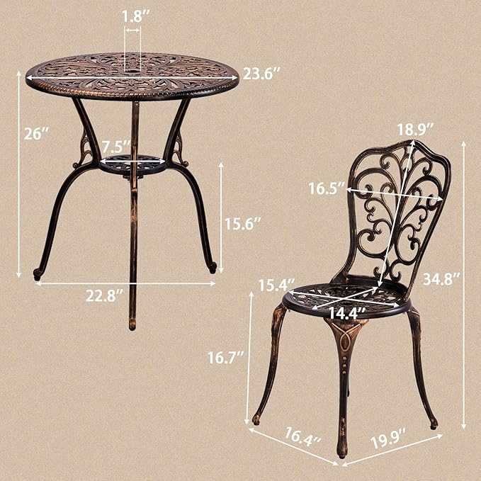 Outvita Patio Table and Chairs Set, Cast Aluminum Outdoor Cafe Table and Chairs Set of 3, Stability Patio Bistro Sets with Umbrella Hole for Garden, Patio, Balcony, Butterfly Pattern Bronze