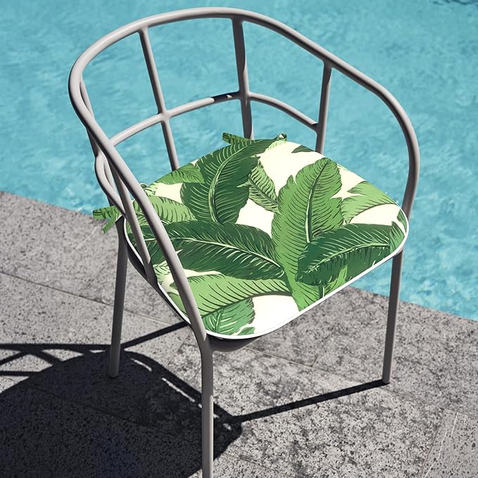 Outdoor Chair Cushions Set of 2, Water Resistant Patio Chair Pads with Ties, Seat Cushions for Home Garden Furniture Decoration, 16"x17", Swaying Palms Green
