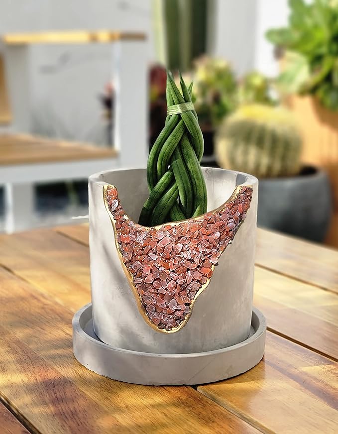4” Crystal Plant Pot with Saucer - Cement Geode Planter - Concrete Pots for Plants - Modern Succulent Pot Indoor - Unique Air Plant Holder - Candle Holder - Small Plant Home Decor (Orange Carnelian)