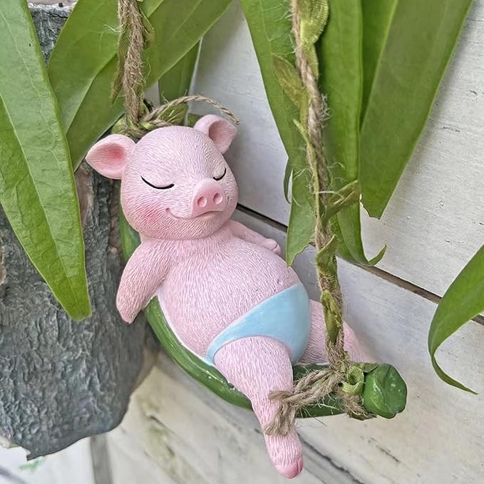 Swing Pig Figurine Statues for Garden Decor, Hanging Hammock Sleeping Pig Tree Hanger for Yard Garden Indoor Outdoor Home Decoration