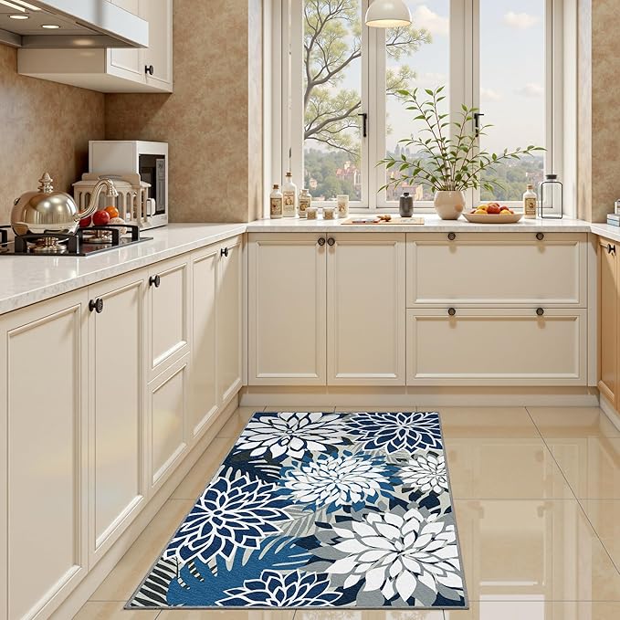 2x3 Washable Small Rug Tropical Botanical Modern Floral Indoor Chenille Door Mat Carpet Non Slip for Patio, Entry Way, Entrance, Porch, Blue