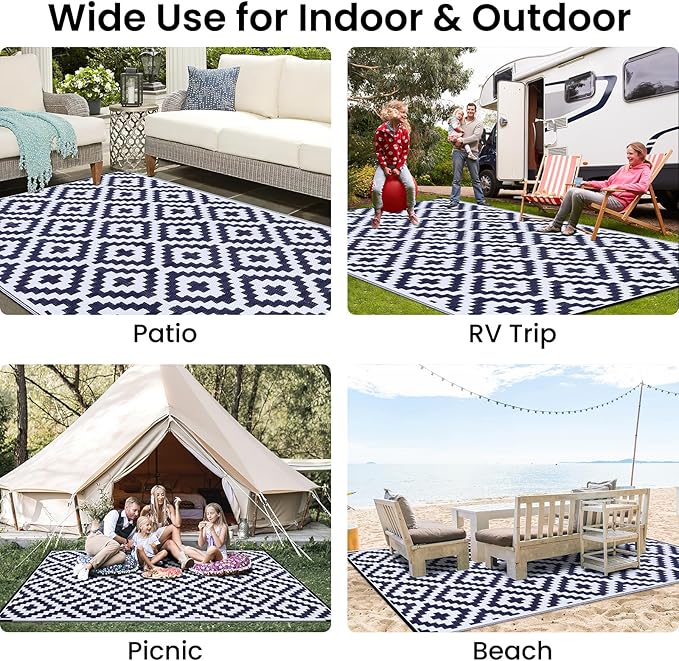 Smiry Waterproof Outdoor Rug 6x9 ft, Reversible Plastic Straw Patio Camping Rugs, Outdoor Indoor RV Mat Carpet for Patio, Outside Entry, Backyard, Deck, Bench, Picnic, Camper, White & Navy