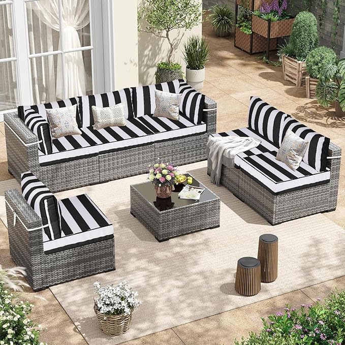 Patio Sectional Cushions, 14-Piece Replacement Cushions for Outdoor Furniture, Water-Resistant Outdoor Sofa Cushion for 6-Seat Rattan Wicker Sectional Conversation Sets (Black & White Stripes)