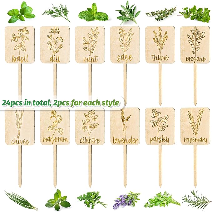 Whaline 24Pcs Wooden Plant Labels Sign Planted Herb Markers Garden Labels with Printed Herb Name Indoor Outdoor Garden Stakes Nursery Plant Tags Gardens Decoration Gift, 12 Styles