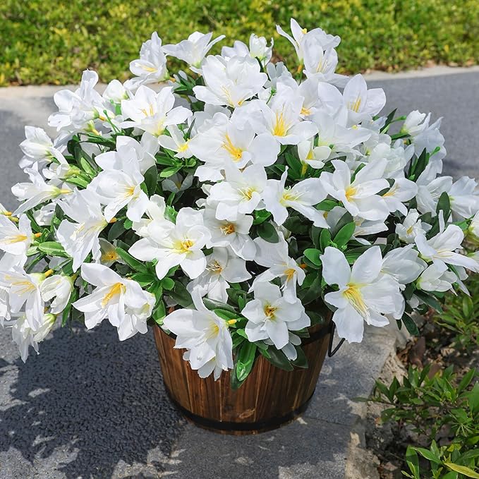INSPRING Artificial Fake Spring Flowers for Outdoors Decoration, 3 Bundles Faux Azalea Plants Flower Look Real UV Resistant Silk Flowers for Outside Planters Patio Porch Garden Yard Window Home, White