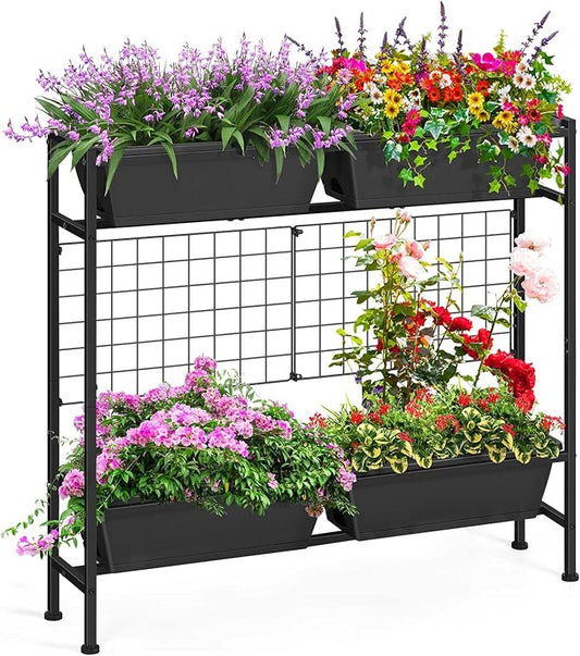 OYEAL Raised Garden Bed with Legs & Trellis, 32" Tall Vertical Garden Planter Boxes Outdoor Flower Bed for Gardening, Vegetables, Flowers, Herbs, Backyard, Grey