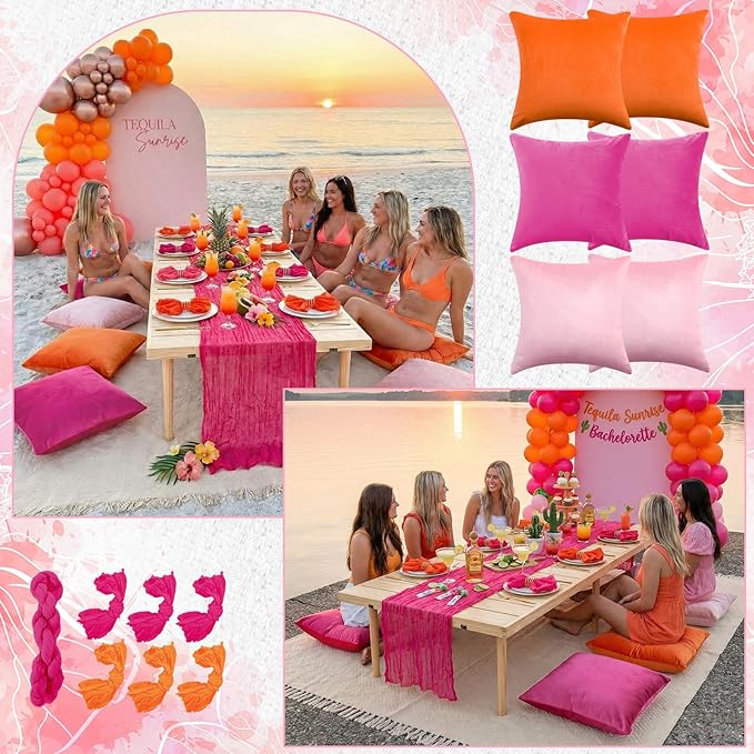 91 x 71 Extra Large Outdoor Boho Picnic Blanket with Tequila Table Runner, 6 Throw Pillow Covers 6 Napkins Woven Cotton Yarn Oversize Beach Blanket Washable Picnic Camp Wedding