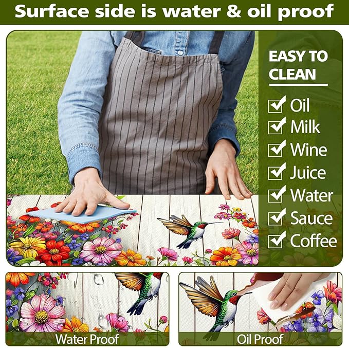 Floral Picnic Table Cover with Bench Covers, Camping Bird Flower Wooden Spring Essentials Waterproof Windproof Camping Tablecloth with Drawstring Bag, Fitted Rectangle Tables and Seats, 96in