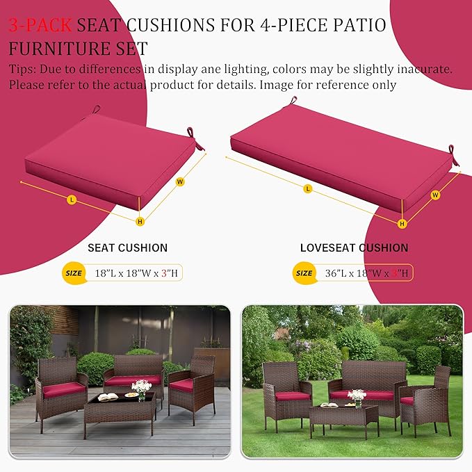 3 Pack Outdoor Replacement Cushions, Fit for 4-Seater Wicker Rattan Patio Conversation Set, 36x18x3,18x18x3, Liner & Cover