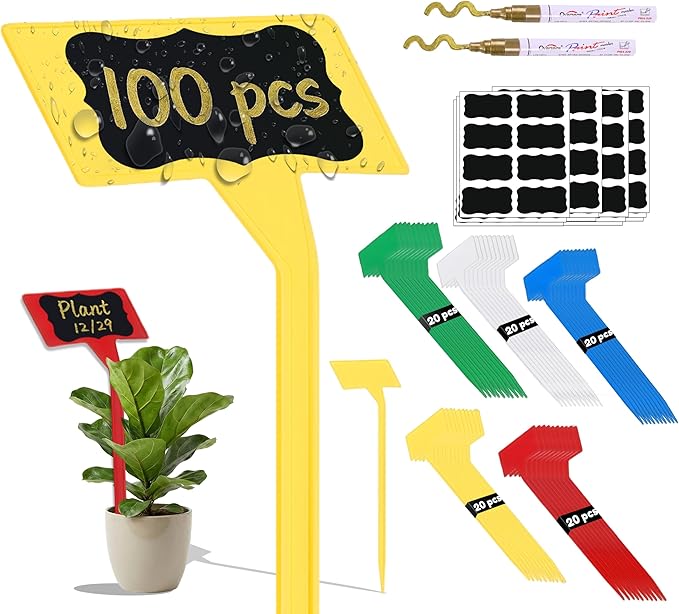 100 Pack T-Type Plant Labels for Outdoor Garden (5 Colors) with 104 Black Stickers & 2 Gold Paint Pen, Large 11.8" Waterproof Plastic Garden Markers Tags for Herbs, Flowers, Vegetables