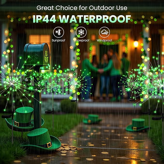 6Pack Garden Decor Outdoor Lights 120LED, Solar Garden Lights for St. Patrick's Day Outside Fairy Firework Decorative,Solar Powered for Yard Pathway Party Balcony Patio Decor (Green)