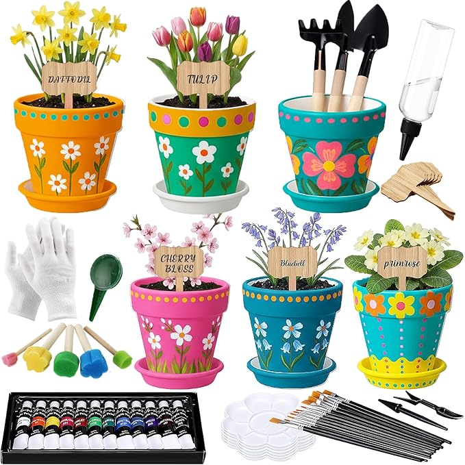 6 Sets DIY Flower Pot Painting Kit 6 White Terracotta Flower Pots with Saucer Planting Gardening Tools 12 Color Acrylic Paints Set Plant Growing Crafts Spring Garden Gift