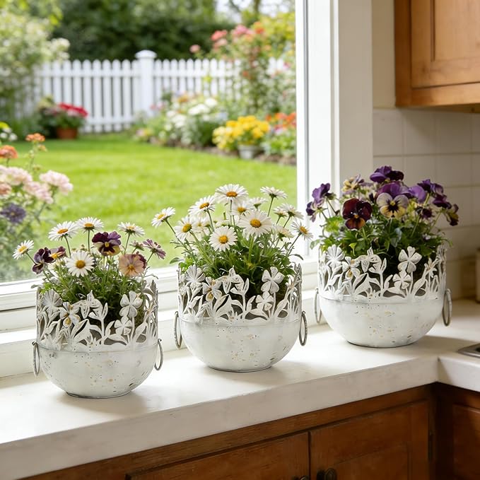 3-Piece Vintage Metal Floral Cutout Planter Set, Rustic Garden Flower Pots for Indoor Outdoor Decor, Distressed Bronze Planters with Handles