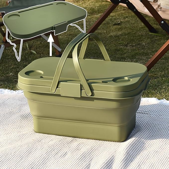 Collapsible Picnic Basket, Collapsible Picnic Basket with Handles (with Table Lid), Collapsible Garden Basket, Collapsible Harvest Basket for Camping, Beach, Hiking, and Outdoor Dining (Green)