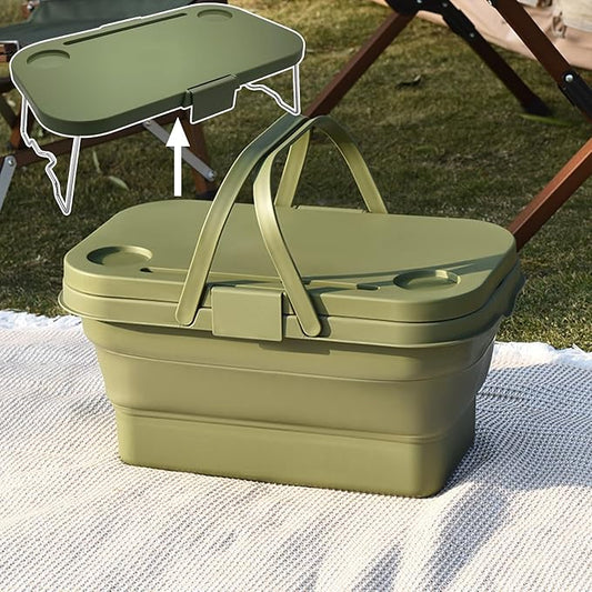 Collapsible Picnic Basket, Collapsible Picnic Basket with Handles (with Table Lid), Collapsible Garden Basket, Collapsible Harvest Basket for Camping, Beach, Hiking, and Outdoor Dining (Green)