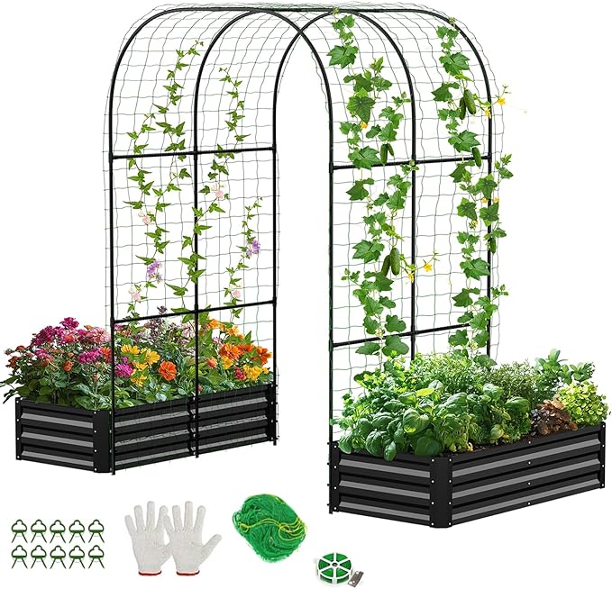 DoCred 3 in 1 Raised Garden Bed with 87in Tall Arch Trellis for Climbing Plants, Galvanized Planter Garden Box Outdoor for Gardening, Climbing Vegetables, Flower, Black